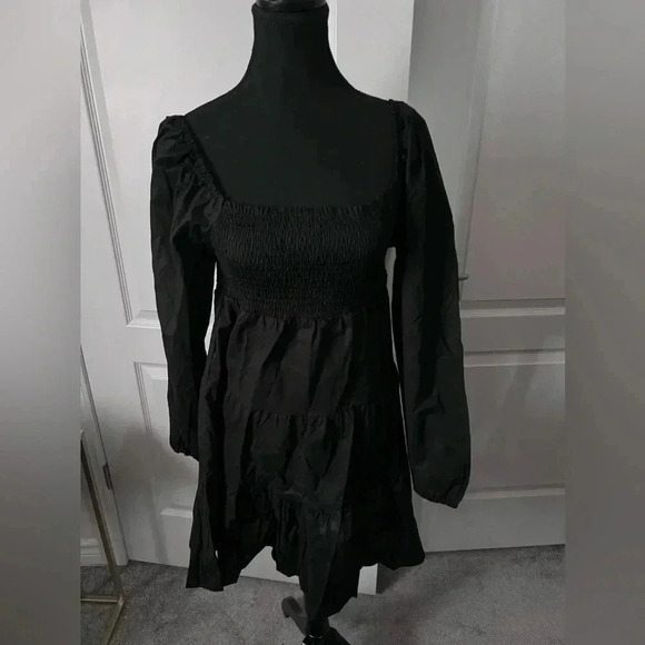Steve Madden  | Black Smocked Puff Sleeved Peasant Mini Dress | Size M [24] - Picture 2 of 7